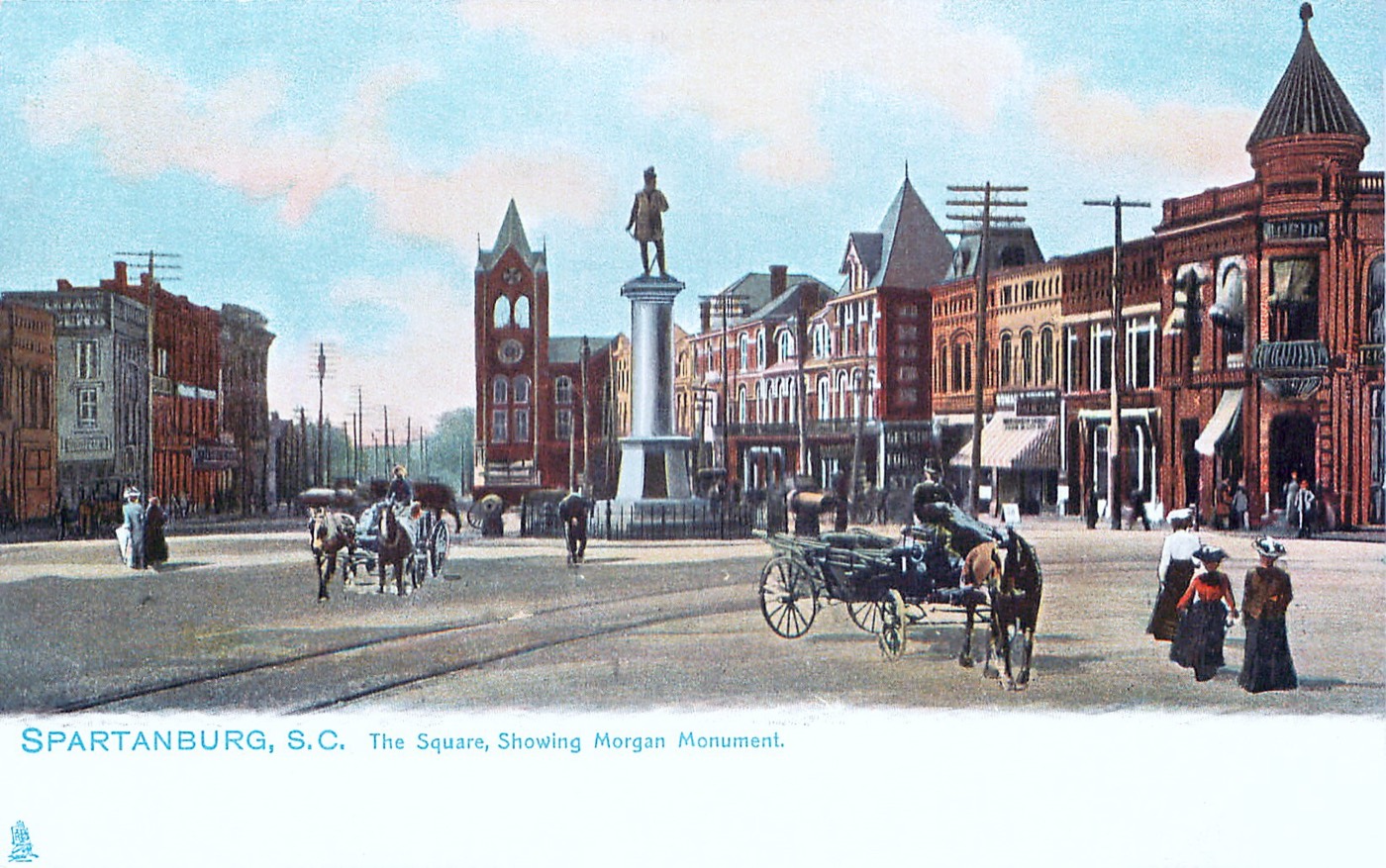 The square in 1905, shoppers and carriages in front of the clock tower