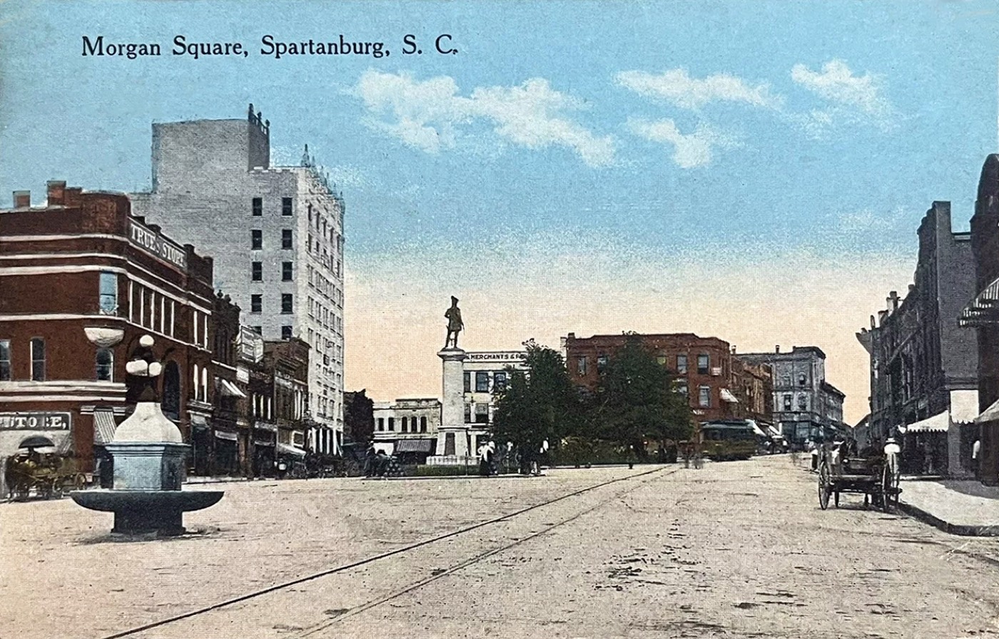 Morgan Square in 1915 with the Morgan monument and a horse-drawn wagon